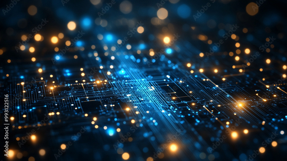 Digital abstract background featuring network of glowing blue and orange lights, representing technological connections and data flow. This vibrant scene evokes sense of innovation and modernity Digital abstract background featuring network of glowing blue and orange lights, representing technological connections and data flow. This vibrant scene evokes sense of innovation and modernity
