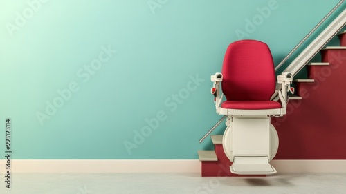 A modern stair lift with a red seat against a teal wall, designed for accessibility and comfort in home interior settings.