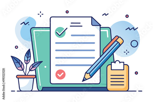 A digital contract is displayed on a laptop alongside a checklist and a pencil, showing a workspace, Digital contract, simple drawing
