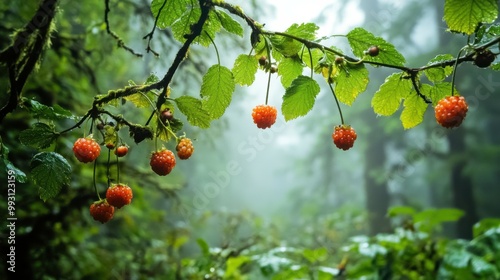 Fresh Salmonberries Hanging in a Misty Forest photo