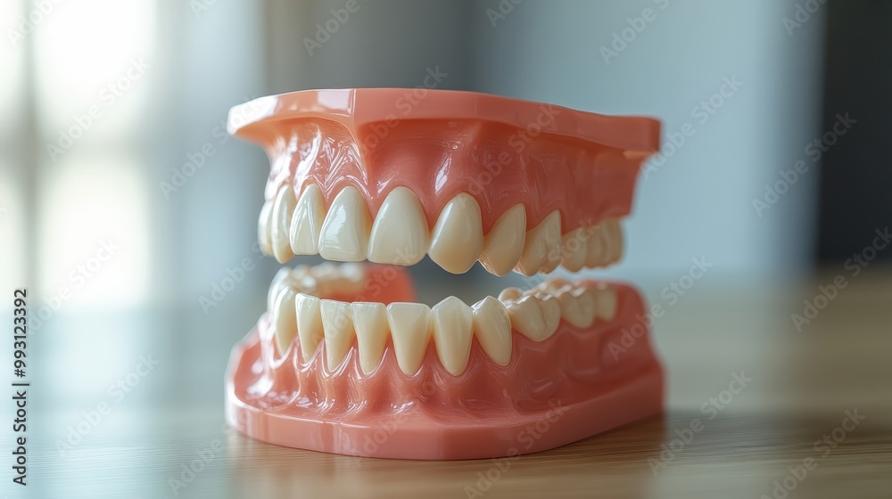 Obraz premium Close-Up of Dental Model with Artificial Teeth on Wooden Surface in Bright Room