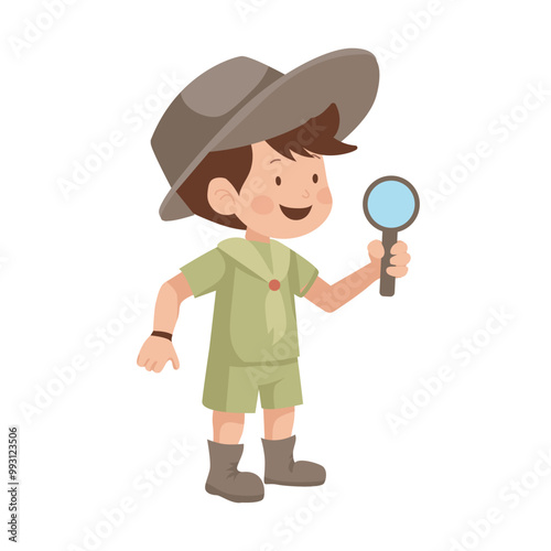 Cute boy scout in flat design. Teenager in uniform with magnifier at camping. Vector illustration isolated.