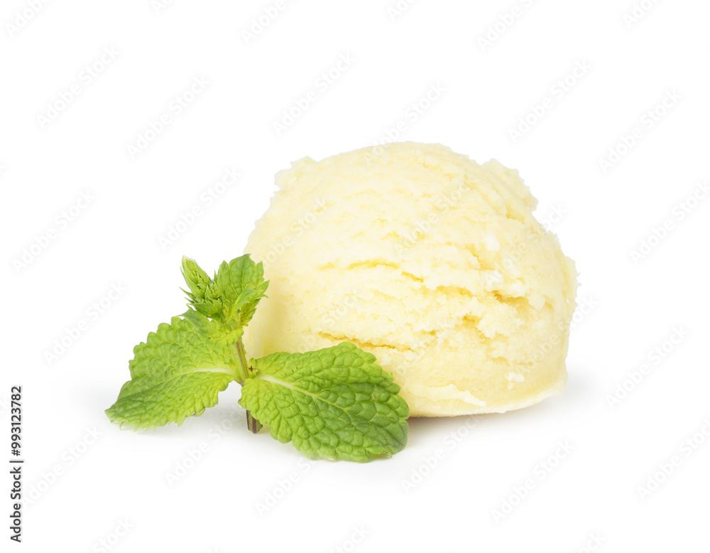 Scoop of melon sorbet and mint isolated on white Scoop of melon sorbet and mint isolated on white