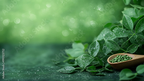 Fresh moringa leaves glisten with droplets on vibrant green background, showcasing their rich color and texture. wooden spoon adds natural touch, enhancing serene atmosphere photo