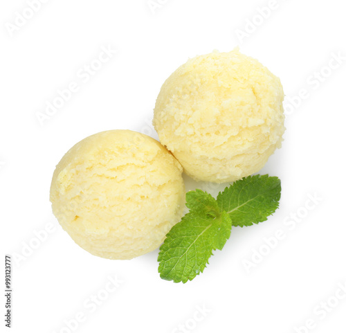 Scoops of melon sorbet and mint isolated on white, top view