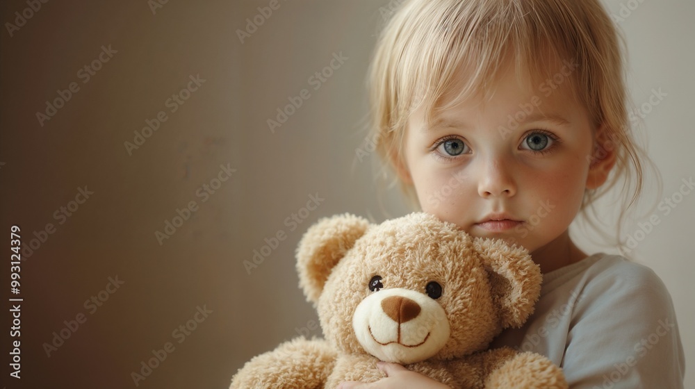 Vulnerable child in need, holding a teddy bear, expressing fear and longing for safety