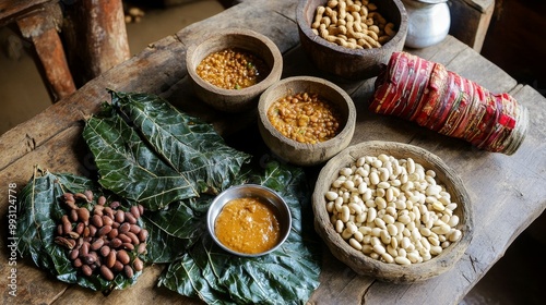 Traditional Rwandan Meal Preparation in a Village: Isombe with Cassava Leaves and Peanut Sauce photo