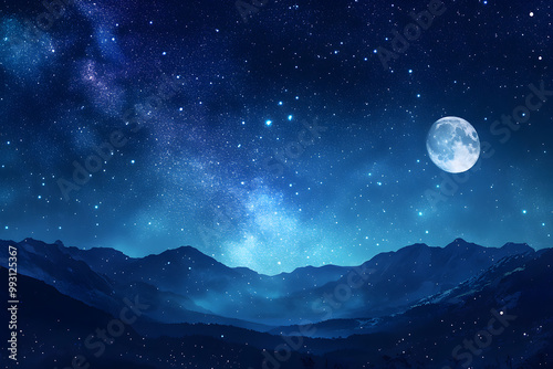 A breathtaking night sky filled with stars and a glowing full moon, casting light over distant mountain peaks, creating a peaceful and mesmerizing landscape.