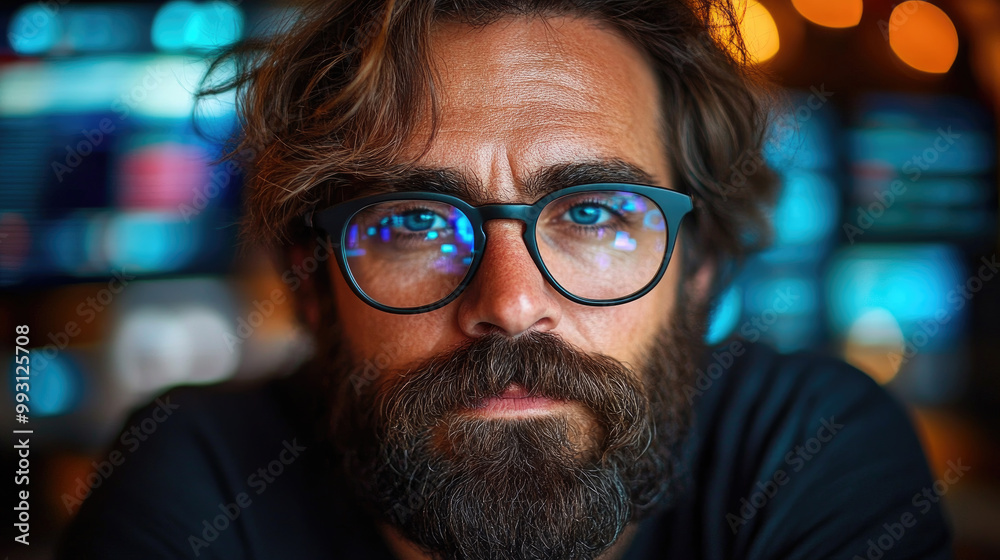 A man with curly hair and glasses sits at a café table, lost in thought while illuminated by soft, glowing lights around him A man with curly hair and glasses sits at a café table, lost in thought while illuminated by soft, glowing lights around him