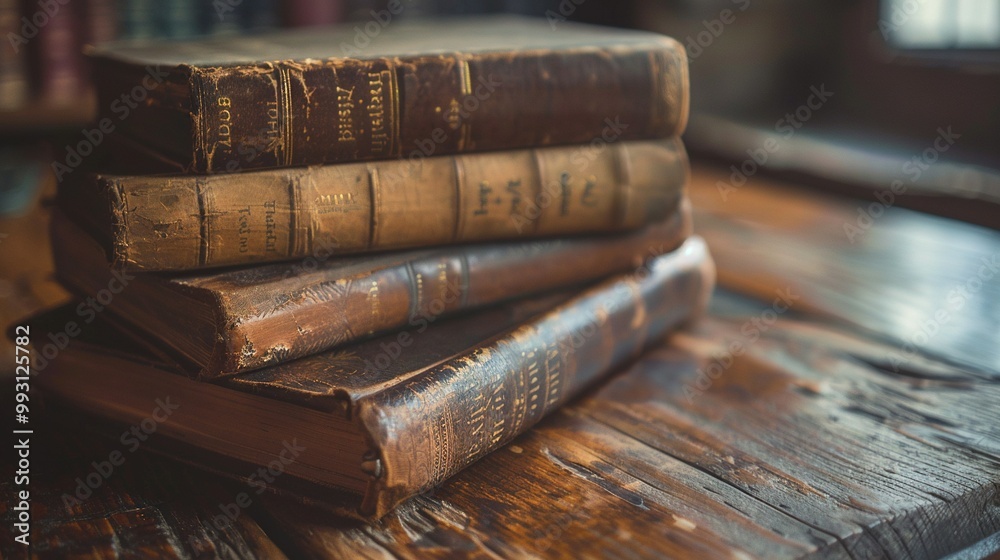 Old books pile high atop wooden table, surrounded by bookshelf Old books pile high atop wooden table, surrounded by bookshelf