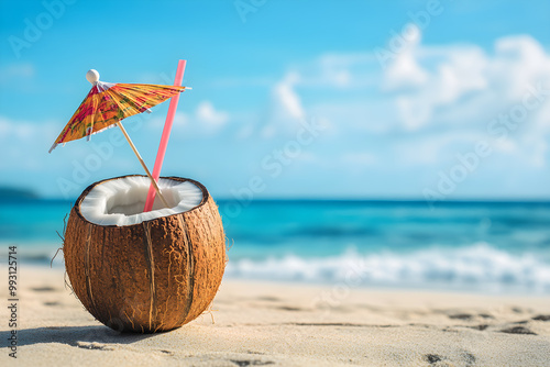 A refreshing coconut drink with a colorful umbrella and straw sits on a sandy beach, overlooking a vibrant blue ocean, evoking the essence of a tropical getaway. photo