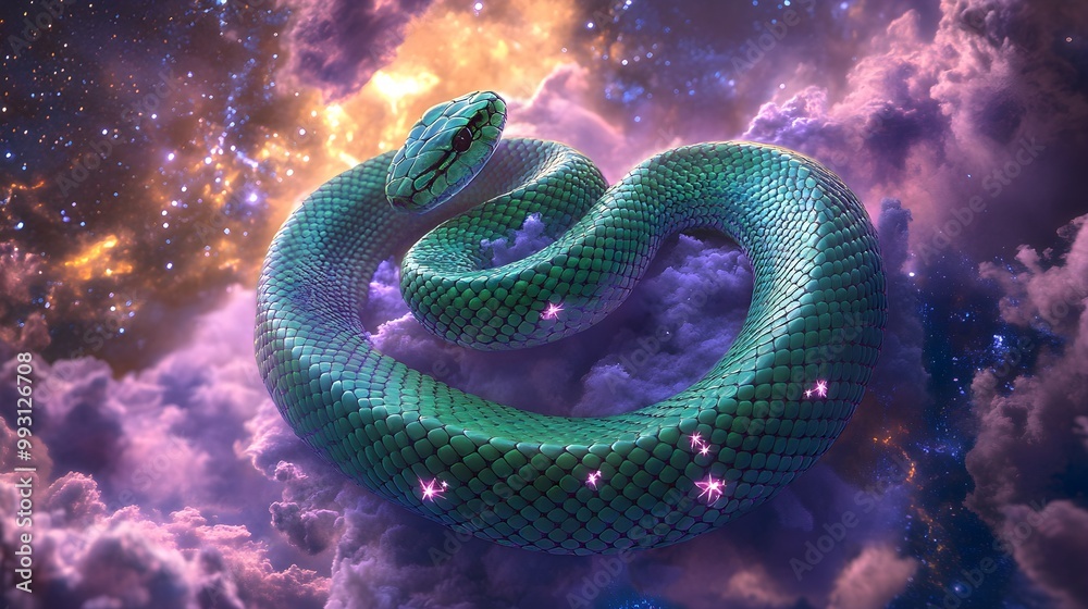 A Vibrant Glowing Green Snake with Cosmic Stars. A Vibrant Glowing Green Snake with Cosmic Stars.