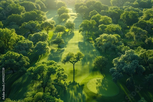 Aerial view of a lush green golf course surrounded by trees at dawn, showcasing the intricate layout of fairways and shadows photo