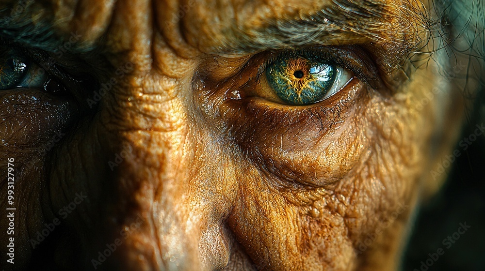 Close-up of person's face with green and yellow eyes in center Close-up of person's face with green and yellow eyes in center