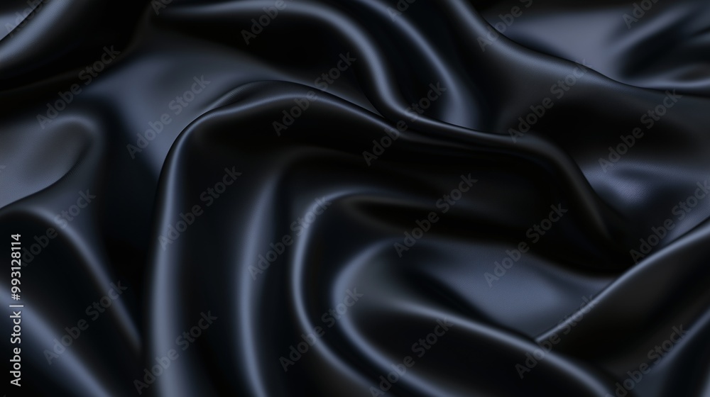 Fototapeta premium Abstract black reflective silky wavy smooth fabric material background. Horizontal (16:9)