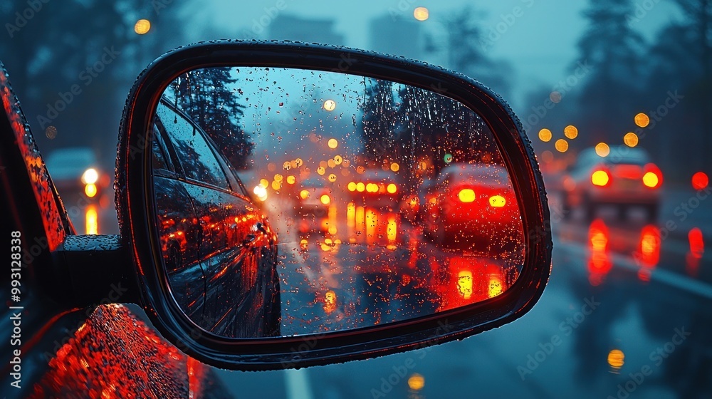 Rainy evening traffic reflected in a wet car side mirror with blurred city lights Generative AI Rainy evening traffic reflected in a wet car side mirror with blurred city lights Generative AI