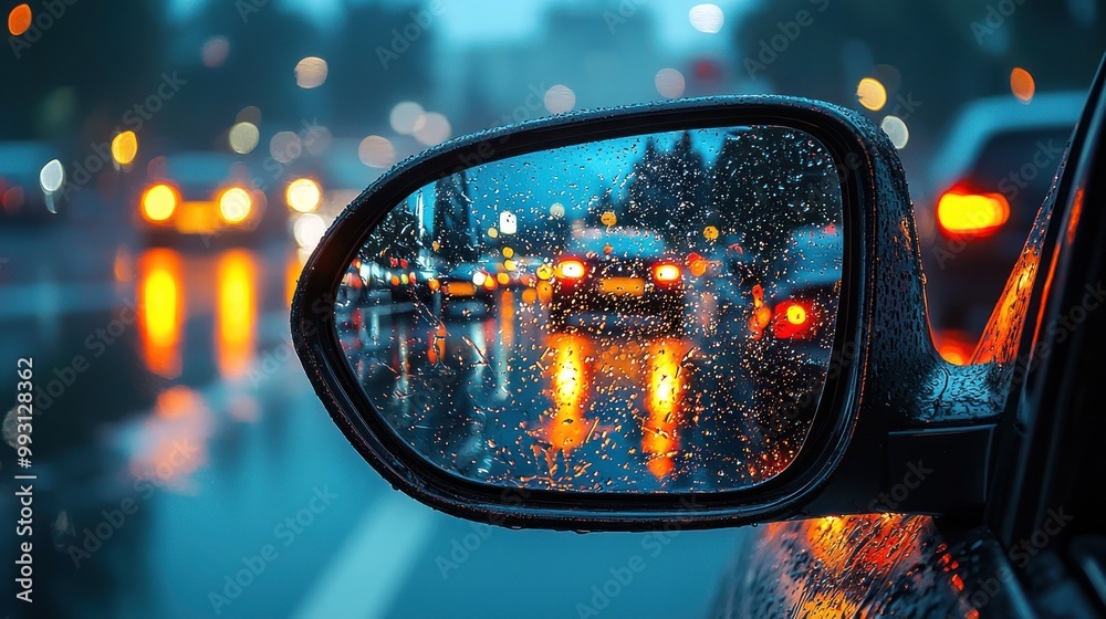 Rainy evening traffic reflected in a wet car side mirror with blurred city lights Generative AI Rainy evening traffic reflected in a wet car side mirror with blurred city lights Generative AI