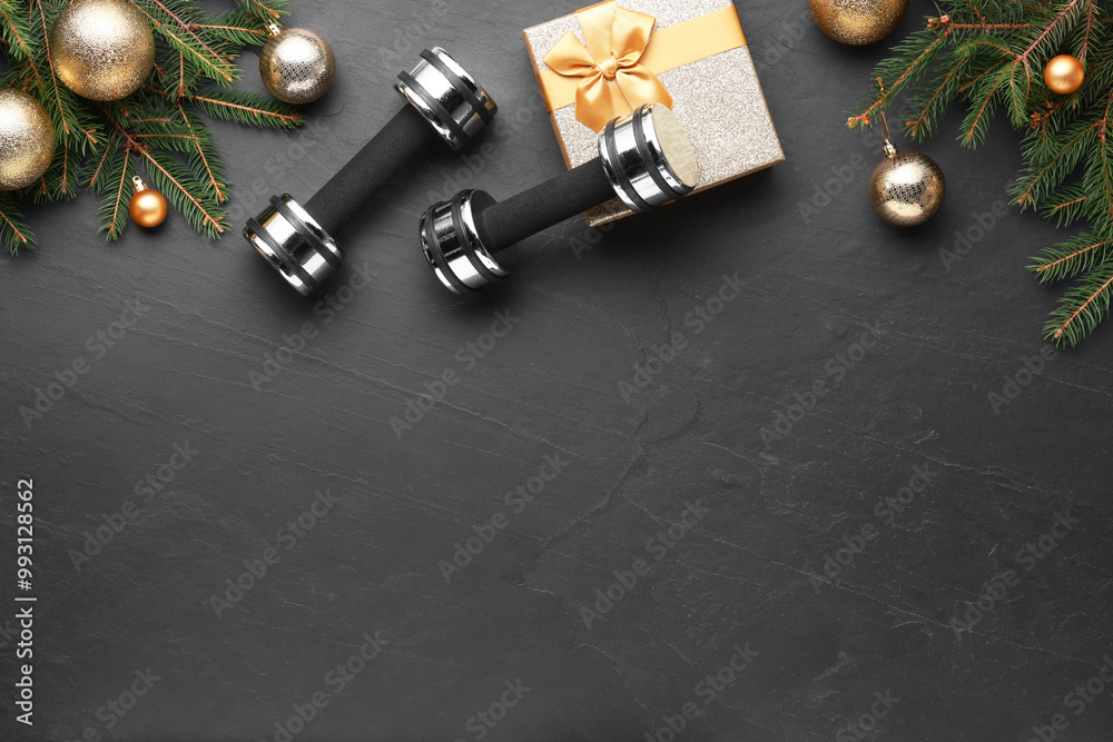 Dumbbells, gift box and Christmas decor on black background, flat lay. Space for text Dumbbells, gift box and Christmas decor on black background, flat lay. Space for text