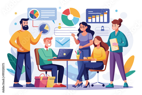 A diverse group of professionals collaborates on a project to align with company goals and trends, Discussion on project to meet company goals, trending, flat illustration.