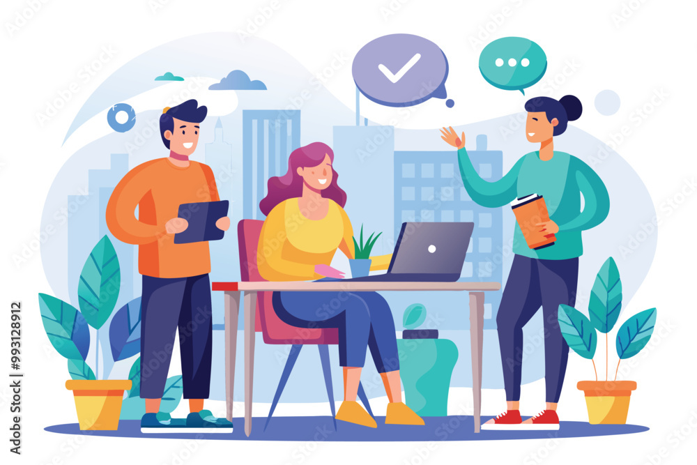 A team collaborates on a project, sharing ideas and strategies in a vibrant office environment, Discussion on project to meet company goals, trending, flat illustration.