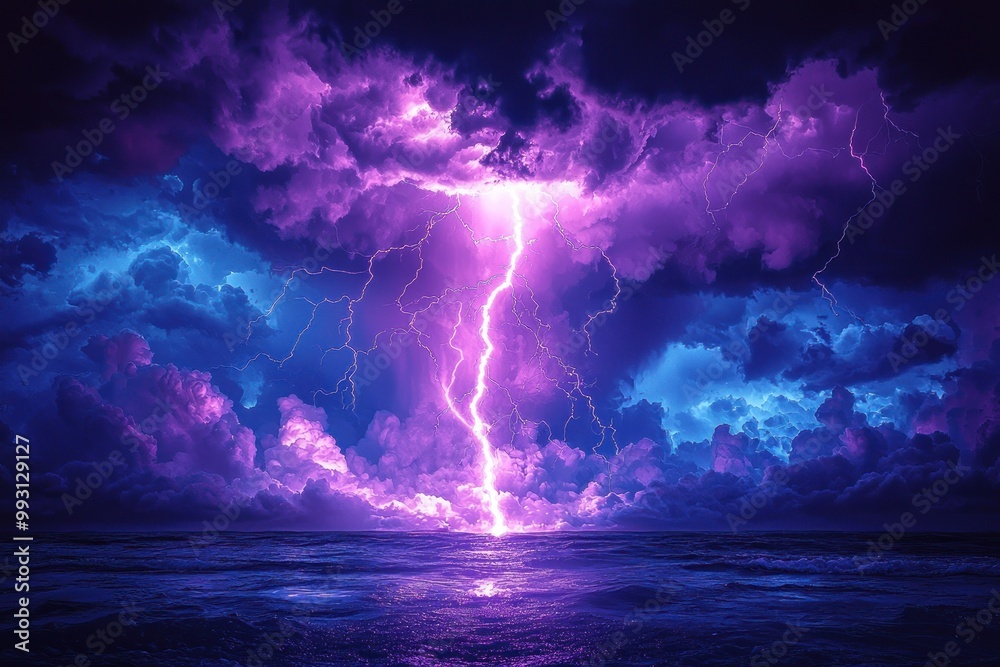 Bright purple lightning bolt striking the ocean under dark, stormy clouds with vibrant, colorful skies Generative AI Bright purple lightning bolt striking the ocean under dark, stormy clouds with vibrant, colorful skies Generative AI
