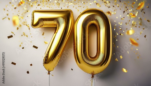 Gold birthday / anniversary balloon, number 70, white background with confetti photo