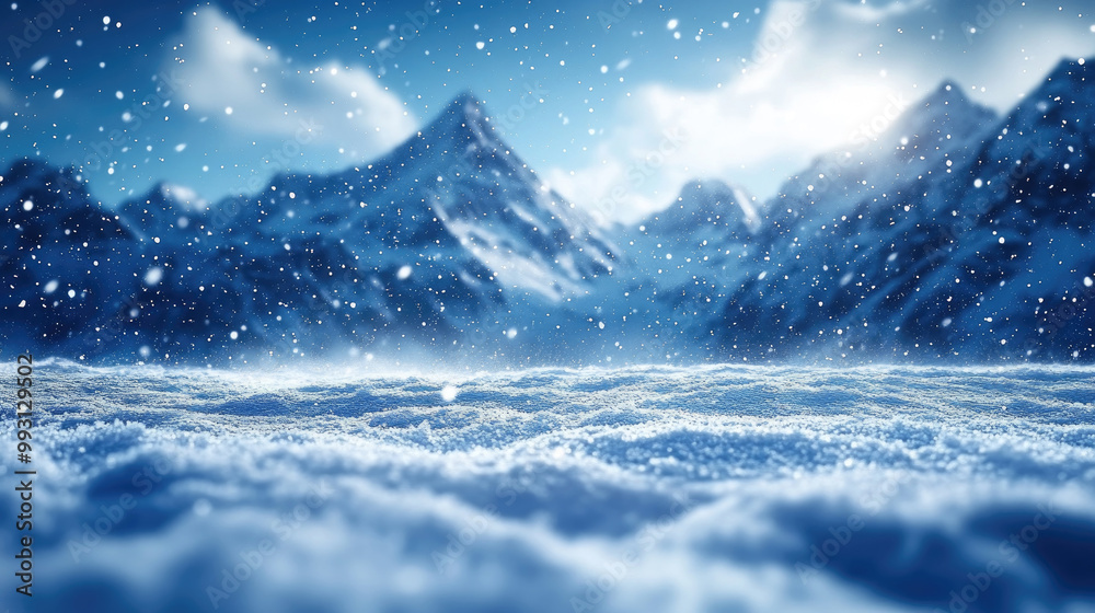 Snow falls gently over rugged mountains, enveloping the landscape in a tranquil winter scene under bright daylight Snow falls gently over rugged mountains, enveloping the landscape in a tranquil winter scene under bright daylight