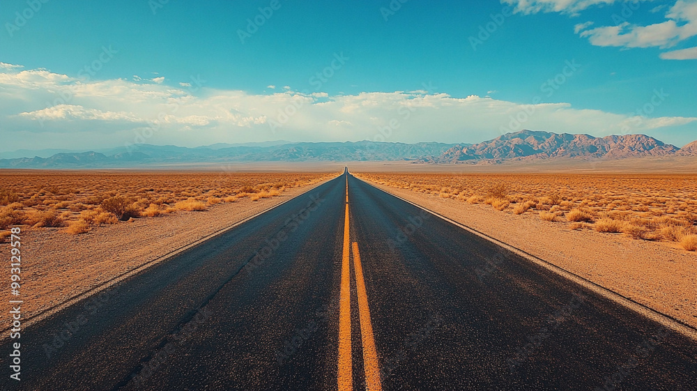 Fototapeta premium A straight road stretches into distance, flanked by arid desert landscapes and mountains under bright blue sky. scene evokes sense of adventure and exploration