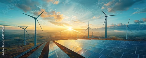 Detailed view of wind turbines and solar panels working together ultraclear image photo
