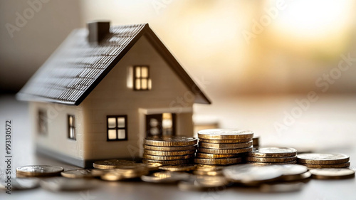 A miniature house surrounded by stacks of coins symbolizes upward trend in housing market, indicating financial growth and investment opportunities