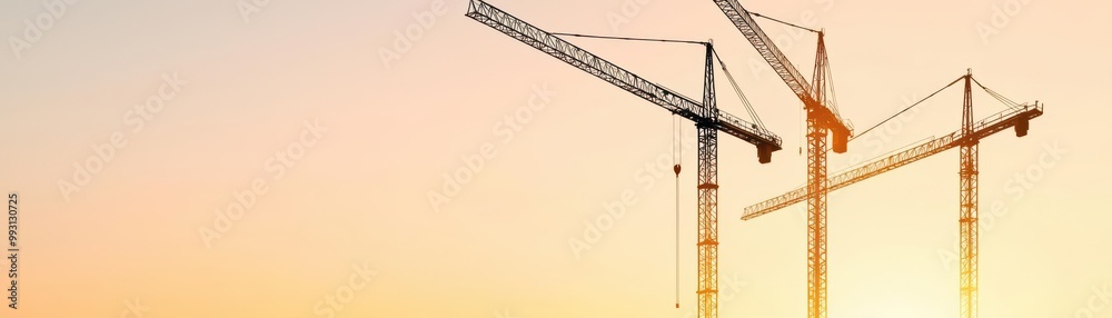 Construction cranes silhouetted against a golden sunset, towering over an urban skyline, symbolizing progress and growth in a bustling city Construction cranes silhouetted against a golden sunset, towering over an urban skyline, symbolizing progress and growth in a bustling city