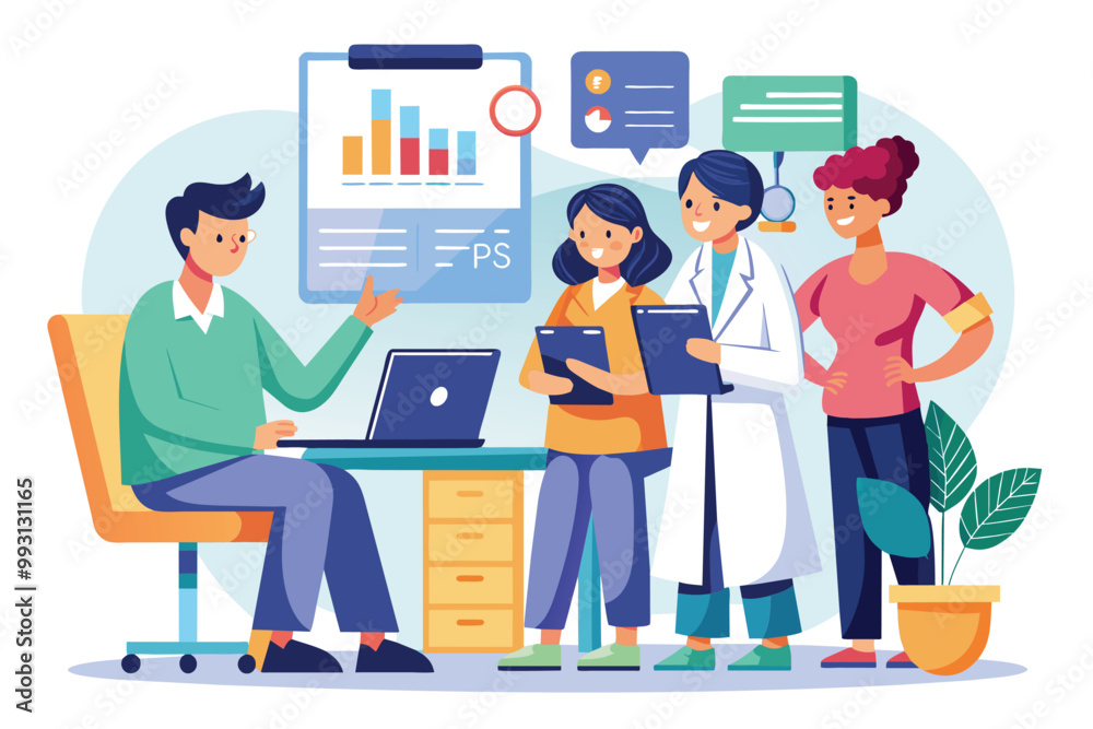 A doctor and nurse present an infographic to a patient during a consultation in a medical office, Doctor and nurse displaying infographic to patient, illustrated in a flat style. A doctor and nurse present an infographic to a patient during a consultation in a medical office, Doctor and nurse displaying infographic to patient, illustrated in a flat style.