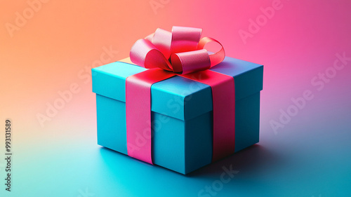 A vibrant virtual gift box with pink ribbon sits against colorful gradient background, evoking feelings of joy and celebration. Perfect for digital shopping and gifting occasions