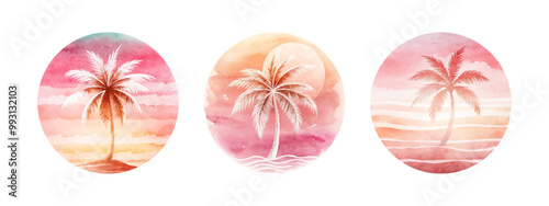 Pink summer vibes drawing set. Summer good vibes palm tree vector print artwork