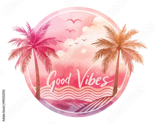 Pink summer vibes drawing. Summer good vibes palm tree vector print artwork isolated on transparent background