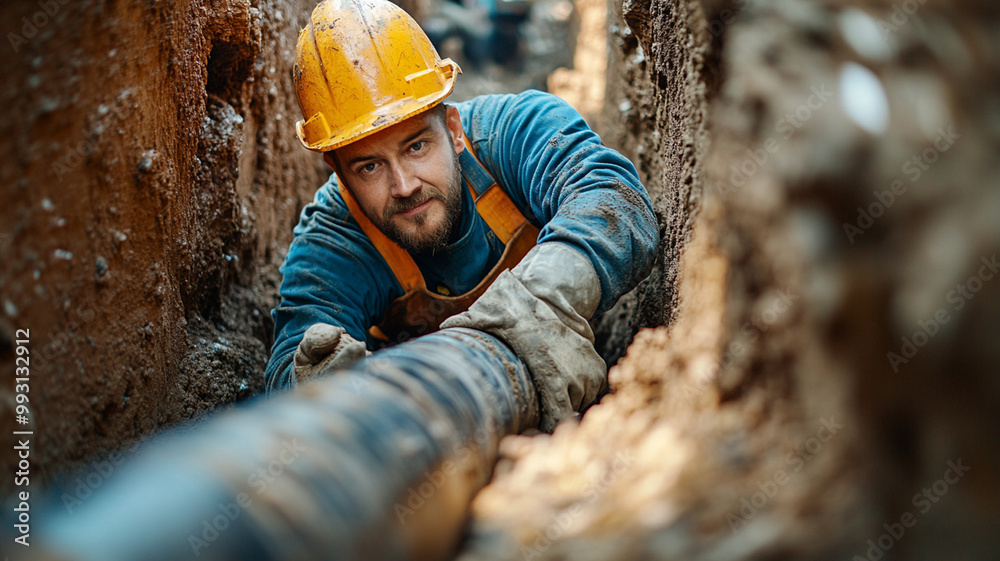 A worker installing underground pipes in trench, showcasing determination and focus. scene captures essence of hard work and dedication in construction A worker installing underground pipes in trench, showcasing determination and focus. scene captures essence of hard work and dedication in construction