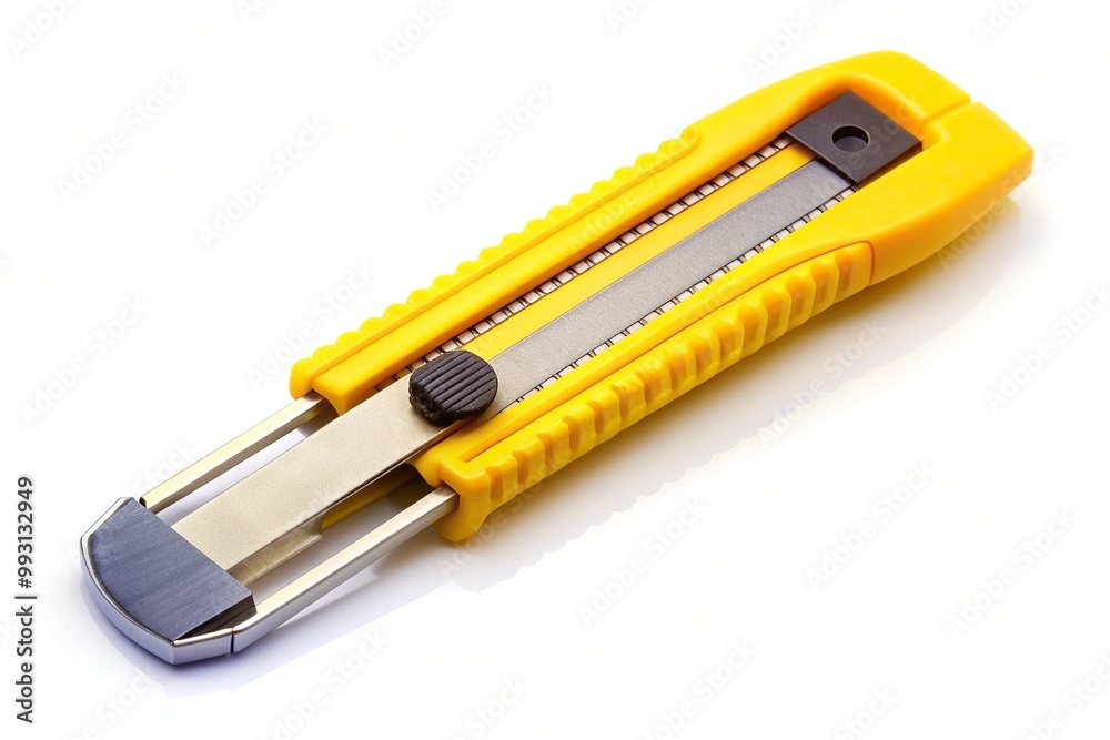 cutter, medium shot, used, yellow, An isolated yellow used cutter is depicted in a medium shot against a white background cutter, medium shot, used, yellow, An isolated yellow used cutter is depicted in a medium shot against a white background