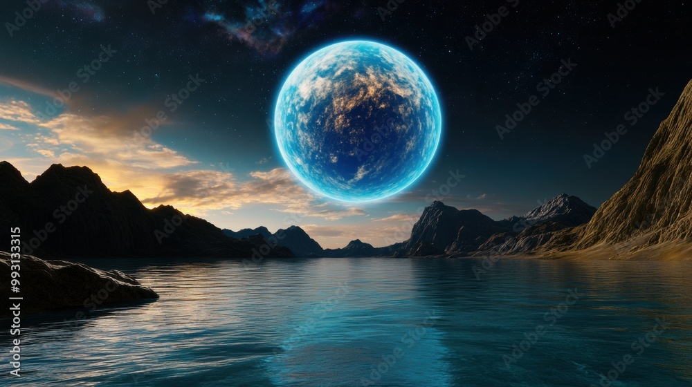Surreal Landscape with a Giant Blue Planet in the Sky Surreal Landscape with a Giant Blue Planet in the Sky