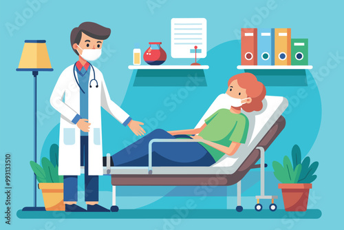 A doctor in a white coat discusses care options with a patient resting in a hospital bed, Doctor checking patient in hospital bed, flat illustration.