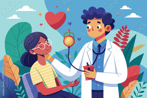 A doctor uses a stethoscope to check a patient's heart health in a vibrant clinic environment, Doctor checks patient's heart health, illustrated as flat image.