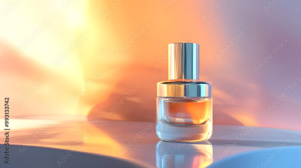 Glass Perfume Bottle on a White Surface with a Sunset Background Glass Perfume Bottle on a White Surface with a Sunset Background
