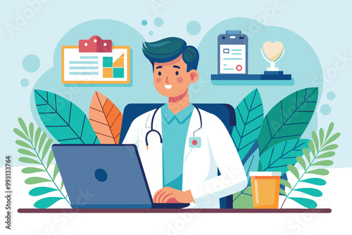 A doctor is engaged in an online consultation regarding medications in a home office setting, Doctor consulting online about medicines, illustrated flatly.