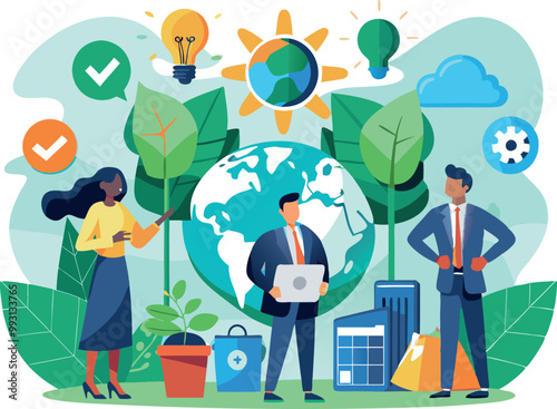 Collaborative Business Strategy & Communication: Vector illustration featuring business professionals in an office setting, engaged in discussions around charts, data, and company strategy. The design