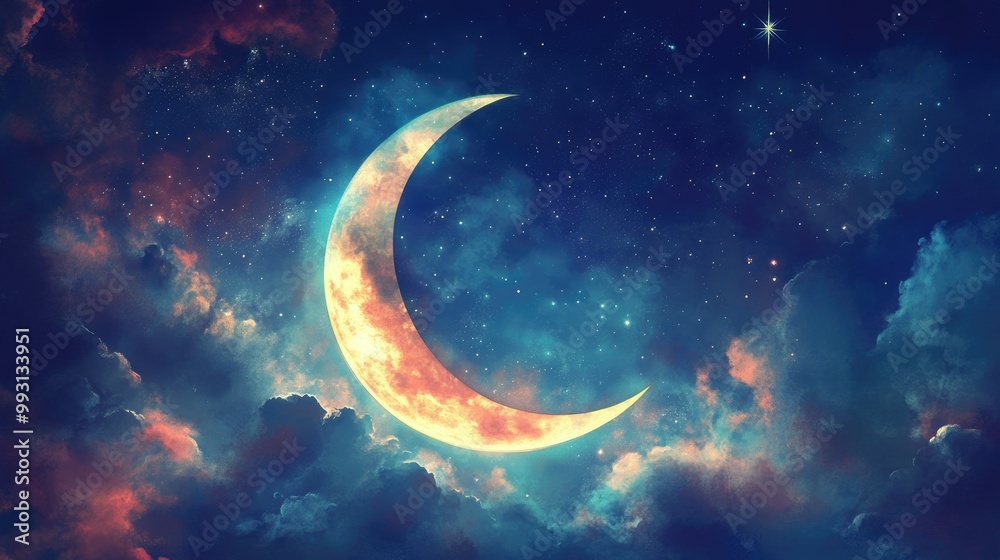 Fototapeta premium A crescent moon with a soft, glowing star, symbolizing guided meditation and harmony, illustrated in soothing hues.