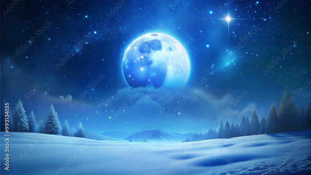 Magical starry winter sky with a full moon illuminating snowy landscape
Magical starry winter sky with a full moon illuminating snowy landscape