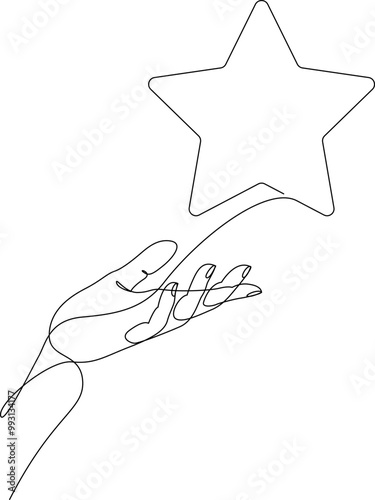Continuous one line drawing of human hand holding star. Satisfaction customer concept. Vector illustration with editable stroke.