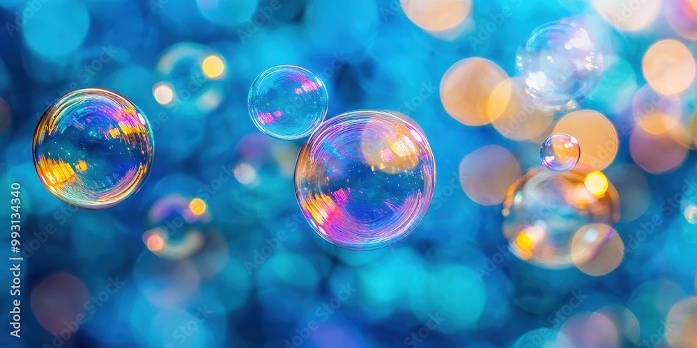 Colorful Soap Bubbles on Blue Background Colorful Soap Bubbles on Blue Background