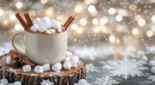 Warm cup of hot cocoa with marshmallows and cinnamon sticks on a rustic wooden slice in winter