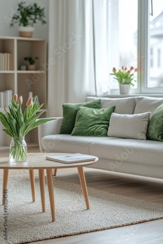 Bright and airy living room with a cozy sofa and fresh flowers in a modern home