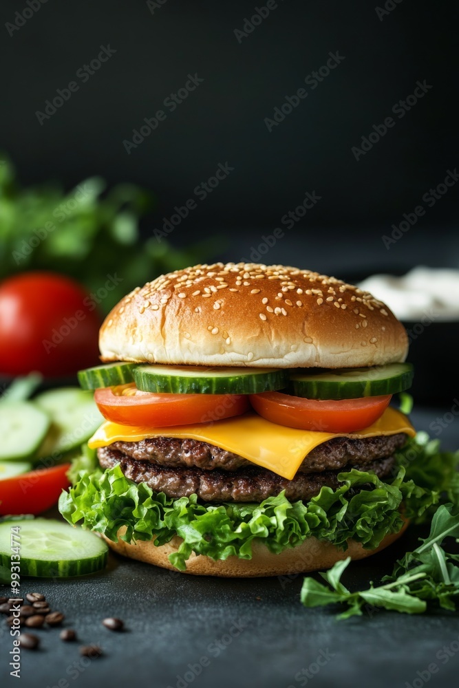 Delicious hamburger with fresh vegetables and sauces on a black background Delicious hamburger with fresh vegetables and sauces on a black background